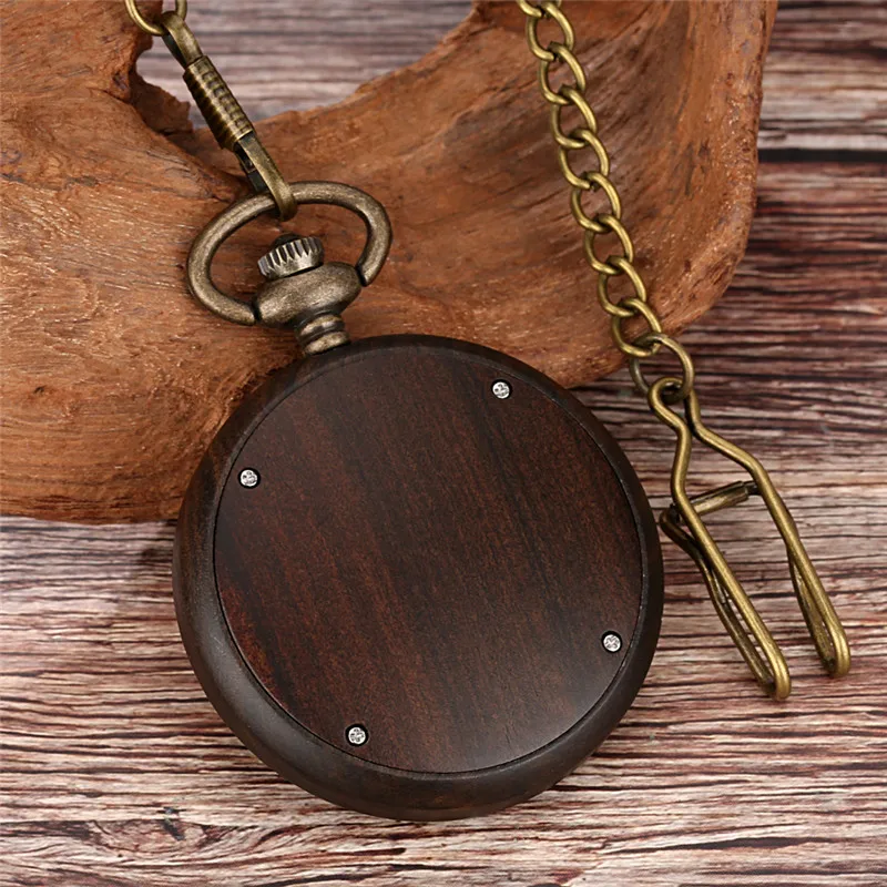 Antique Pocket Watch Rhombus Design Dial Sandalwood Wooden Quartz Analog Watches for Men Women with Pendant Chain Gift Timepiece