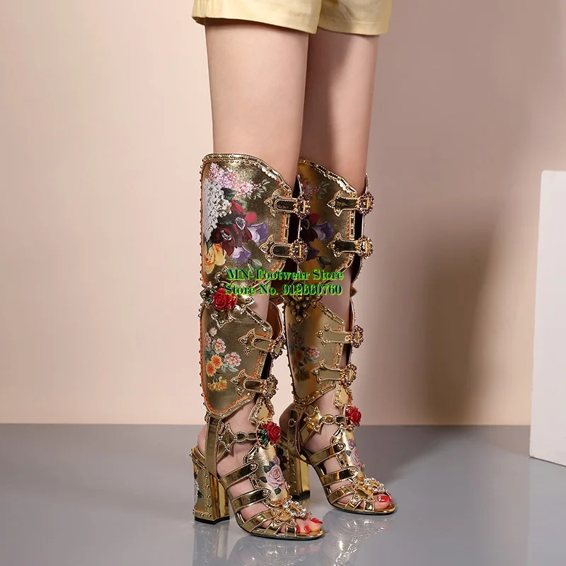

New Women Shoes Gladiator Sandals with Studs and Painted Flower Chunky Heel Adjustable Buckle Strap Knee High Boots Gold Leather