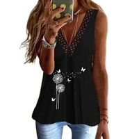 tops korean women lace patchwork casual tank tops sleeveless dandelion printed tees womens hollow out loose clothing vest tops