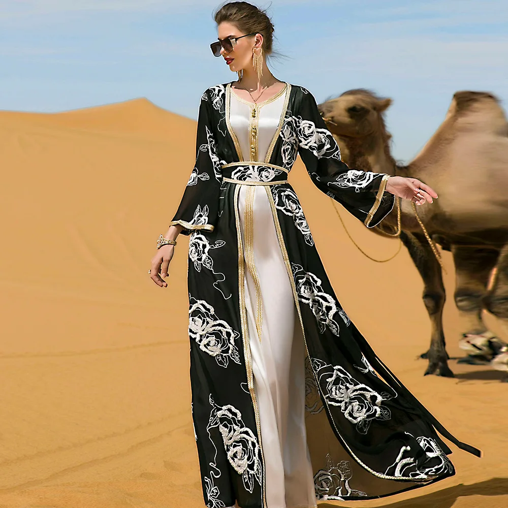 Рамадан, черный, белый цветок, вышивка, комплект из двух частей, абайя, арабское платье, мусульманское платье с ремнем, искусственная кожа, Ду...