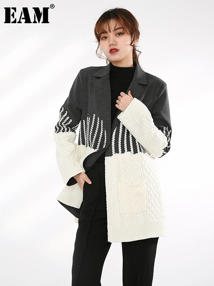 

[EAM] Loose Fit white gray Knitting Split Woolen Coat Parkas New Long Sleeve Women Fashion Tide Spring Autumn 2022 JZ24813