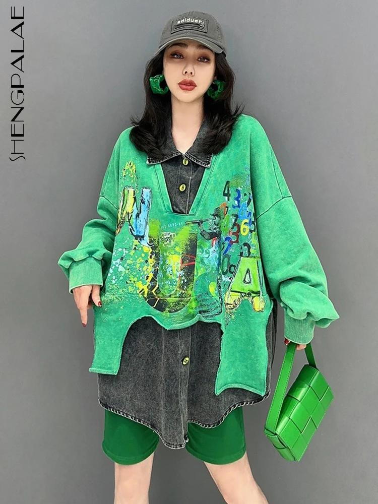 

SHENGPALAE Fashion Casual Fake Two Piece Combination Denim Outer Shirt Graffiti Letter Trendy Girl Top Coat 2033 Spring 5R2343