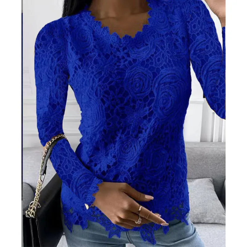 

Elegant Fashion Solid Color Lace Spliced Long Sleeve Tops Women's Clothing Commute Autumn Winter Female Slim Round Neck T-shirt