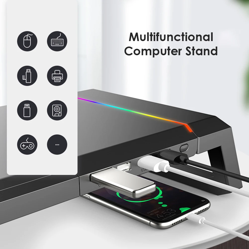 

T1 Laptop Monitor Stand Riser RGB Support with 4 USB Computer PC Desk Organizer