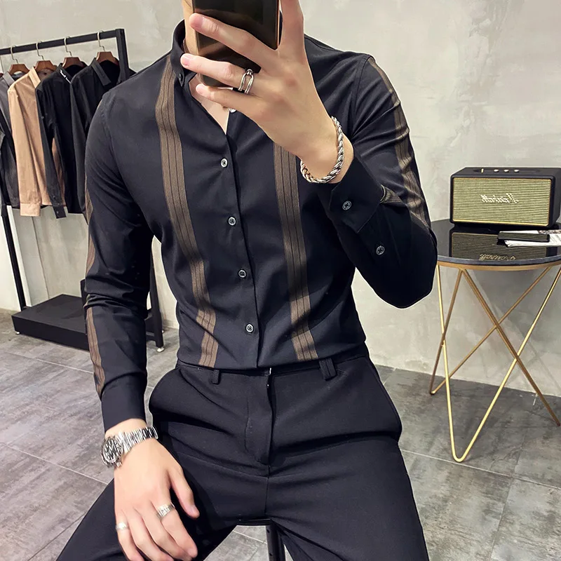 High Quality Striped Shirts Men Summer Long Sleeve Slim Fit Business Formal Dress Shirt Social Party Casual Man Clothing Camisas