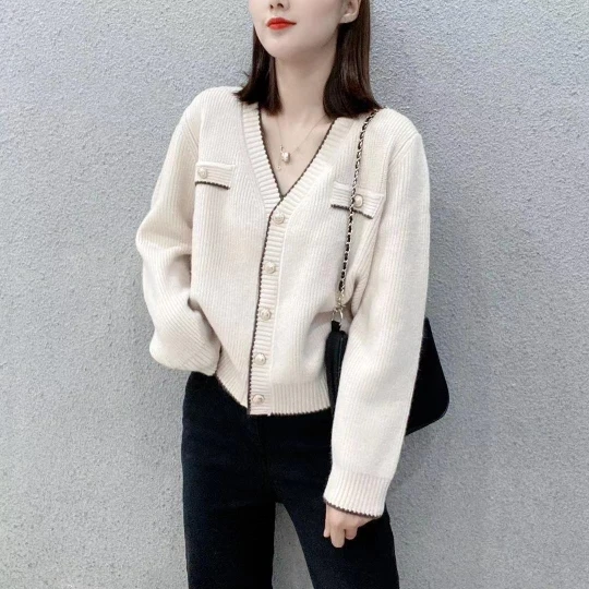

Белый Женский вязаный кардиган, свитер, модное осеннее Свободное пальто с длинным рукавом, повседневные плотные женские топы на пуговицах с V-образным вырезом, одежда