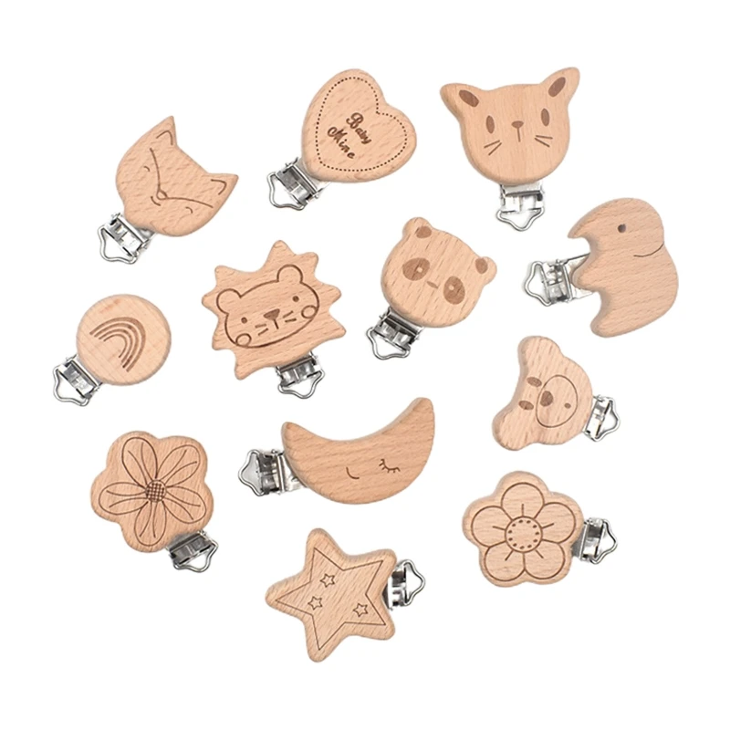 

12pcs Baby Pacifier Holder Infant Nipple Dummy Grasping Toy Suspender Clip Beads Teether Metal Beech Wooden Clip for Teething