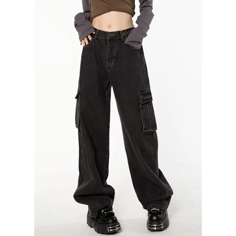 

Smoky Grey Women Jeans High Waist Vintage Straight Denim Pants Streetwear Style American Fashion Female Wide Leg Denim Trouser