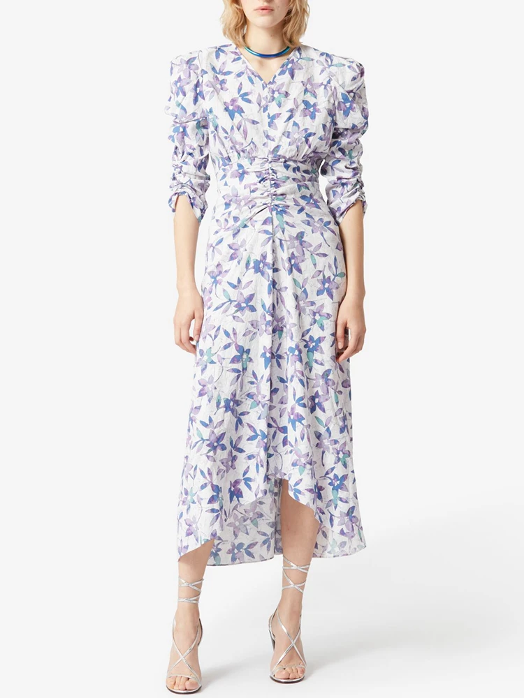 

2022 Spring New Floral Print Dress Slim Fit Women V-neck Midi Dress