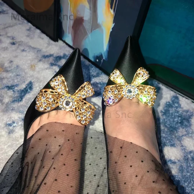 Rhinestone Bow Buckle Black Satin High Heels Female Stiletto Temperament Sexy Pointed Toe Women's Pumps Shallow Single Shoes