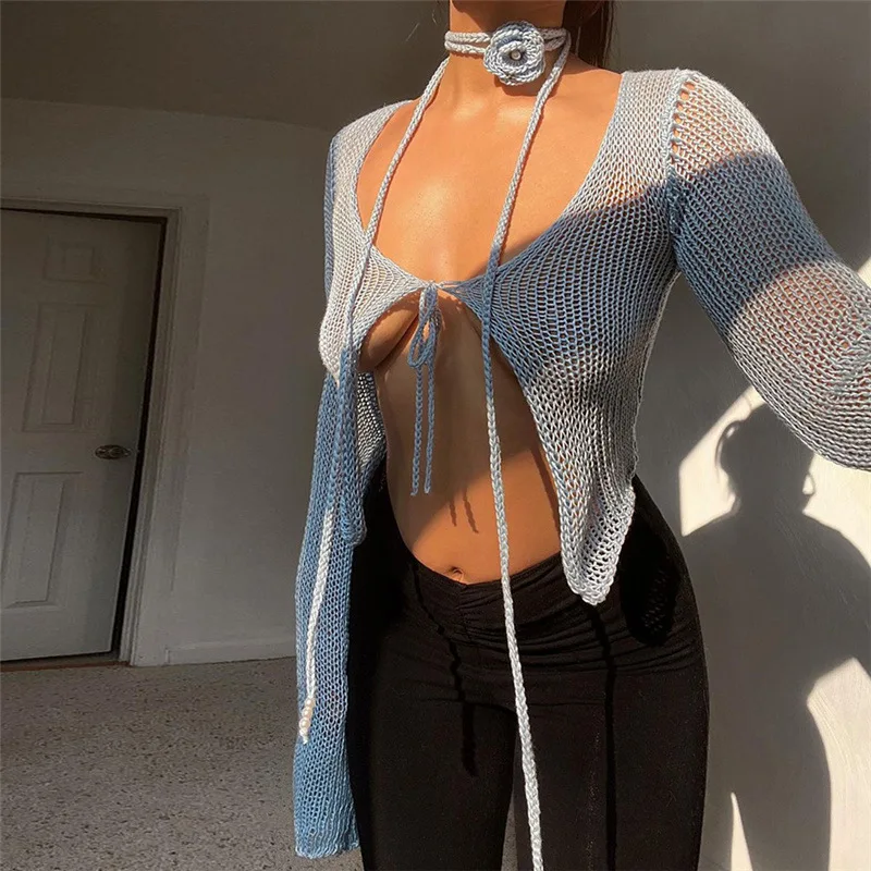 

hirigin Autumn Knit Long Sleeve Tie Front Top Elegant V Neck Plunge Floral Applique Cropped Halter Tops T-shirts for Women