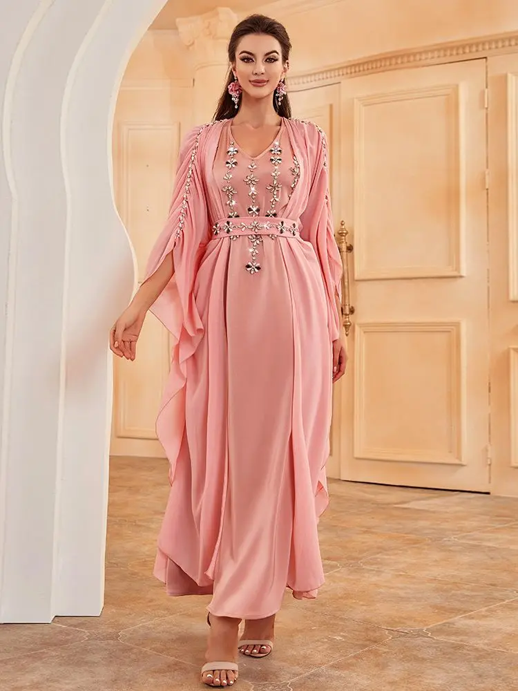 

Марокканское Королевское женское платье Caftan со стразами, восточное платье, Арабская вечеринка, вечерний такита, Дубай, мусульманский кафтан Рамадан, ИД, наборы из 2 предметов