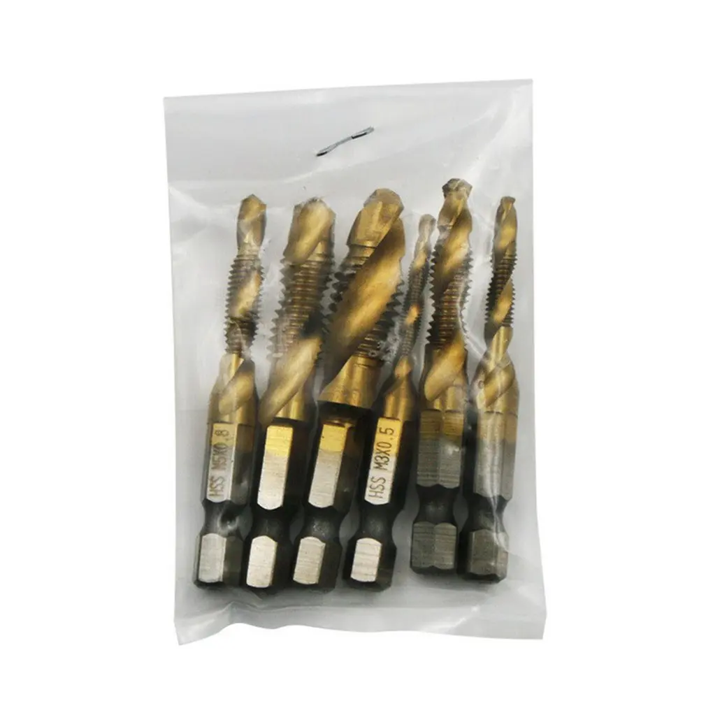 

6pcs Hss Titanium M3 - M10 Combination Hex Deburr Countersink Tap Drill Bit Set Hexagonal Shank Compound Taps Set