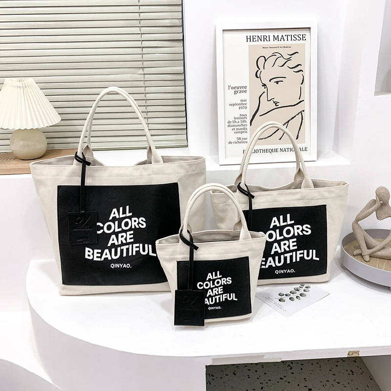 Women Canvas Shoulder Bag Letter Print Ladies Shopping Bags Cotton Cloth Fabric Grocery Handbags Tote Books Bag Bolso