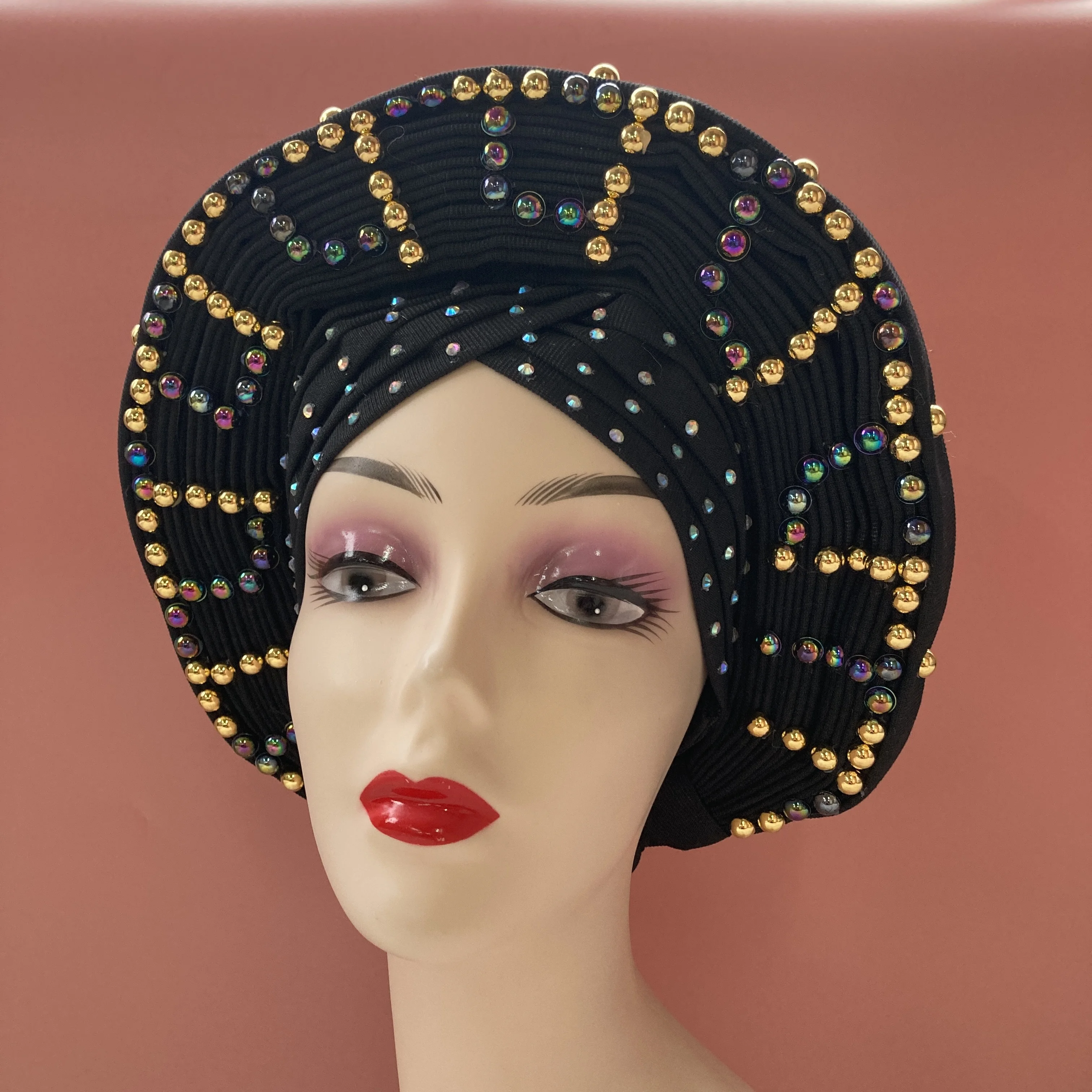 

Black Nigerian Gele Headtie Aso Oke 2022 High Quality African Aso Oke Gele Already Made Auto Gele African Turban Cap For party