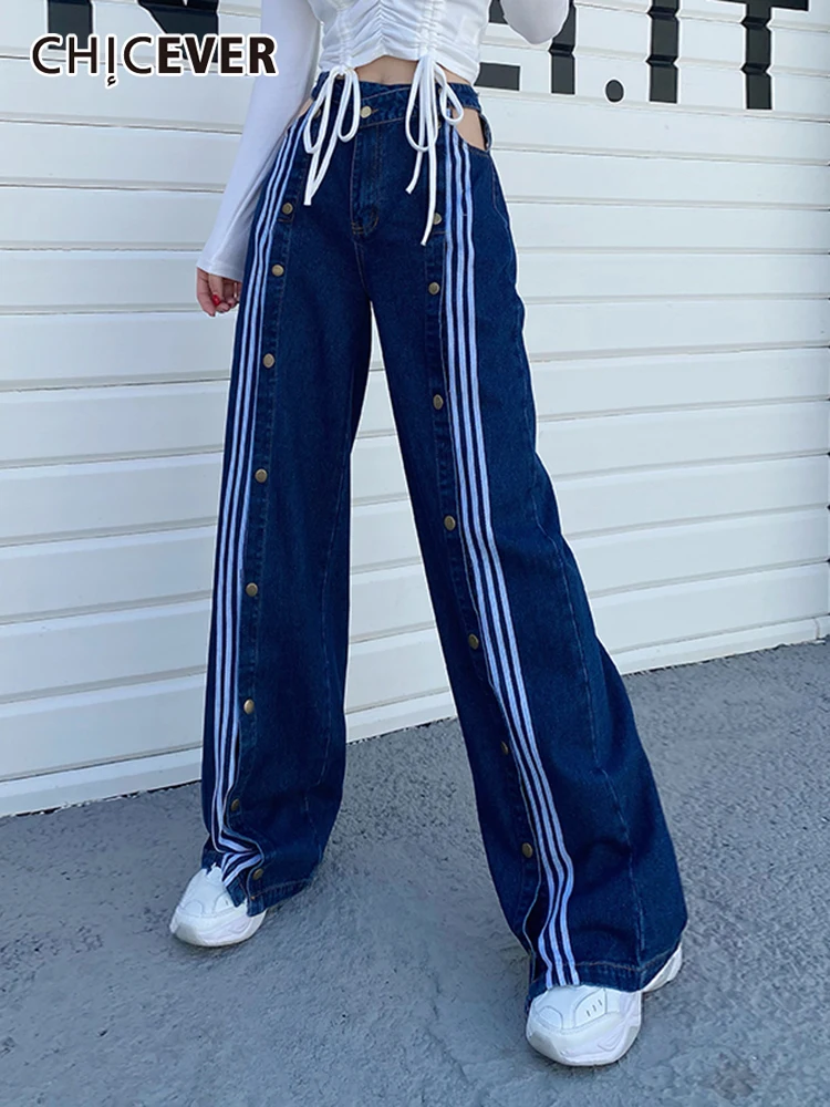 

CHICEVER Patchwork Colorblock Loose Denim Pants For Women High Waist Split Side Long Wide Leg Jeans Female 2022 Spring Clothing