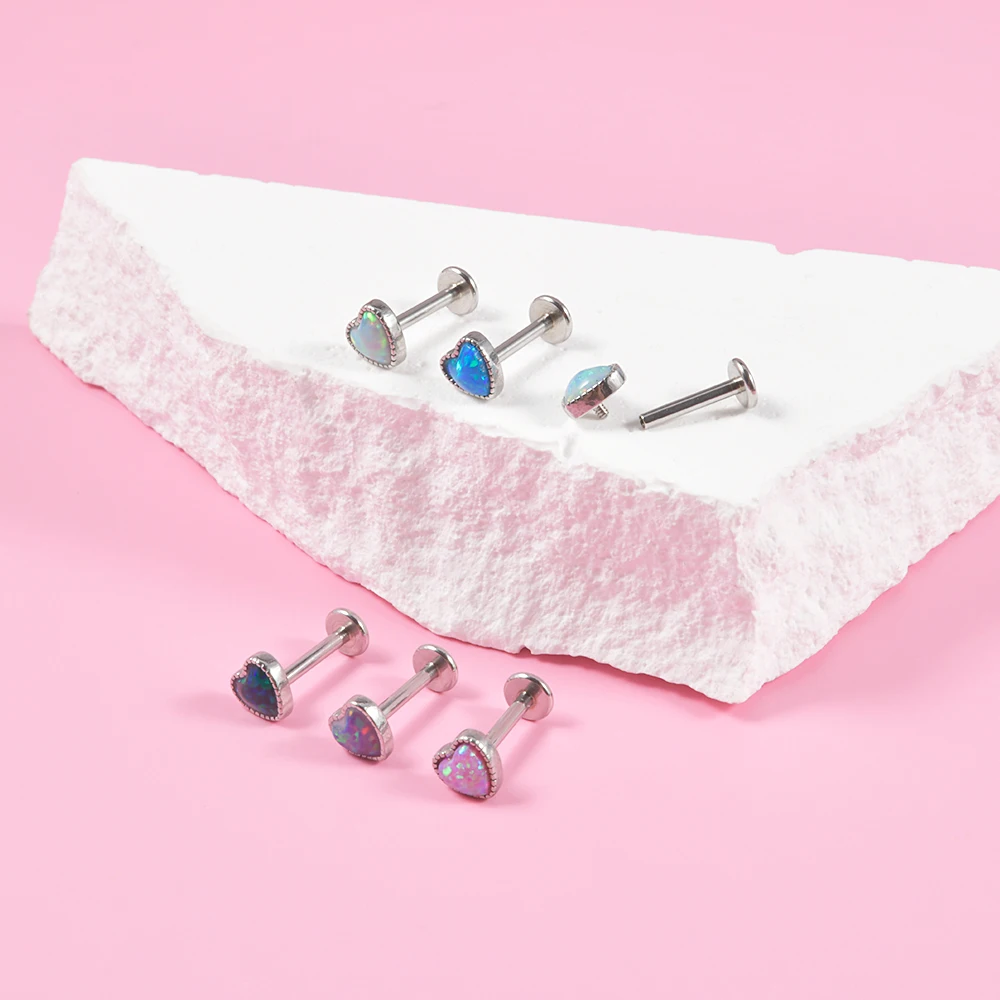 6Pcs Surgical Steel Heart Shape Opal Labret Lip Stud Ear Cartilage Daith Earrings Tragus 16G Helix Lobe Piercing Jewelry Set