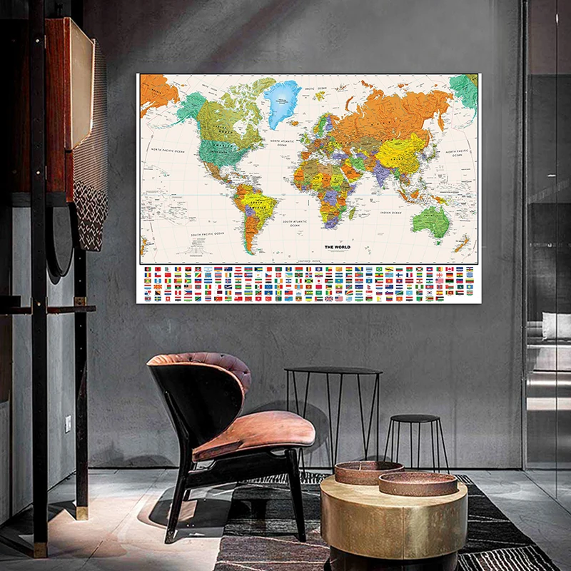 

130*90cm The World Map Wall Art Poster Retro World Globe Map with National Flags Non-woven Canvas Painting Home Decoration