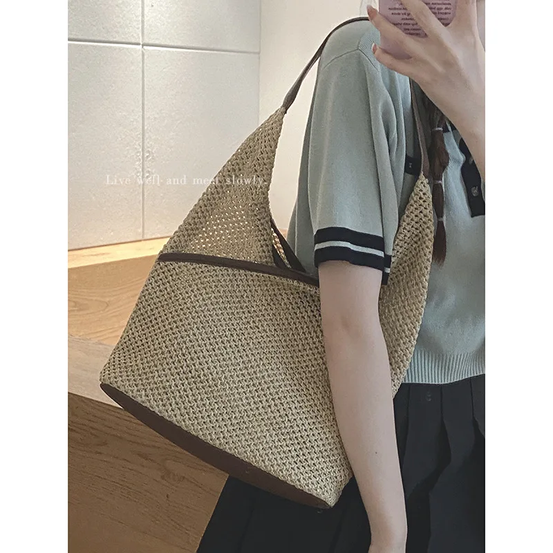

Straw Woven Tote Bag Summer Casual Large Capacity Handbag New Fashion Beach Women Underarm Shoulder Bag Simple Style Bucket Bag