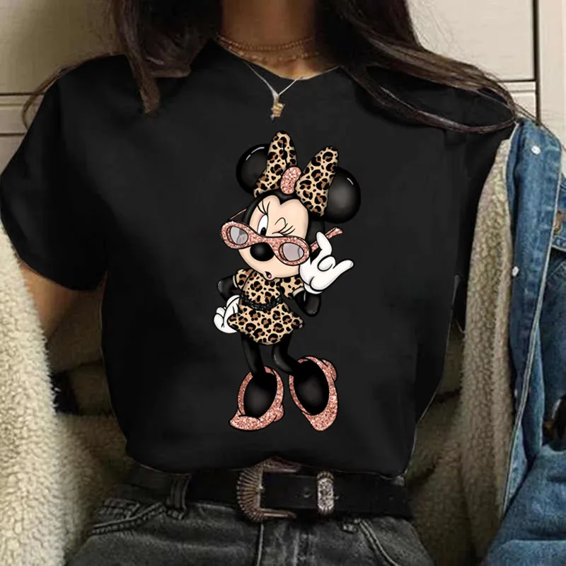 

Fashion Leopard Minnie Mouse Disney T-shirt Women's Clothing Summer Short Sleeves Tops Minnie Casual Kawaii T Shirts Clothes