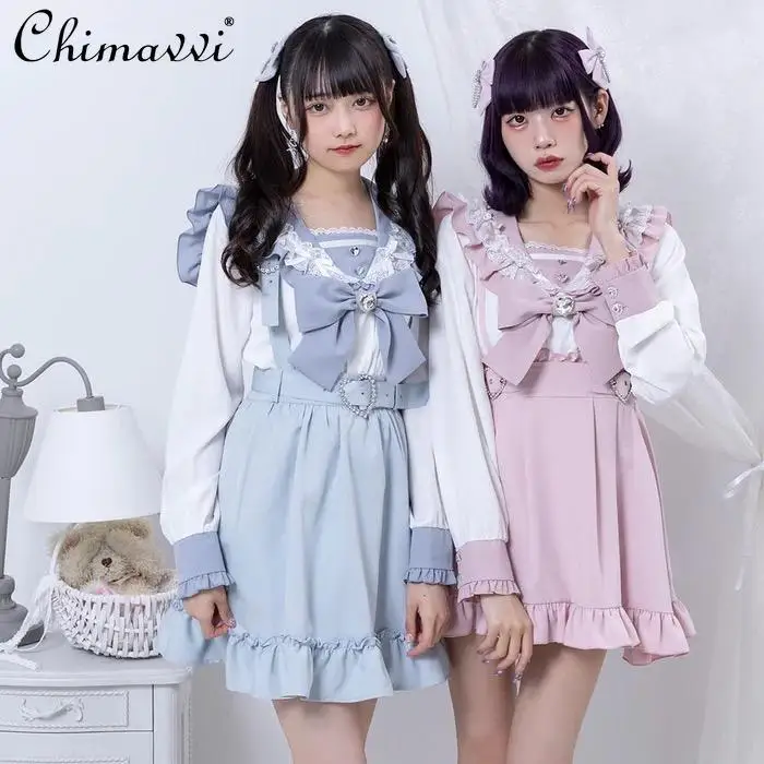 Новинка рубашка в японском стиле для милой девушки морском с большим бантом