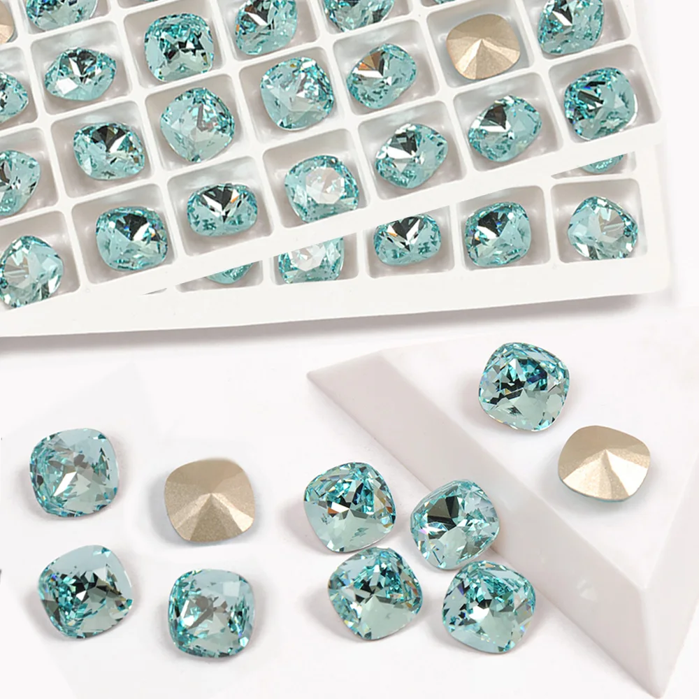 Aquamarine Color Cushion Cut K9 Fancy Crystal Pointback Nail Charms Rhinestones Super Bright Glass 3D Nail Art Gems