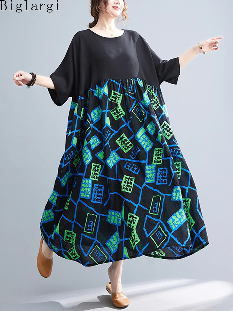 

Oversized High Waist Patchwork Print Loose Dress Woman Summer Casual Big Size Korea Ladies Dresses Vintage New Long Dress 2022