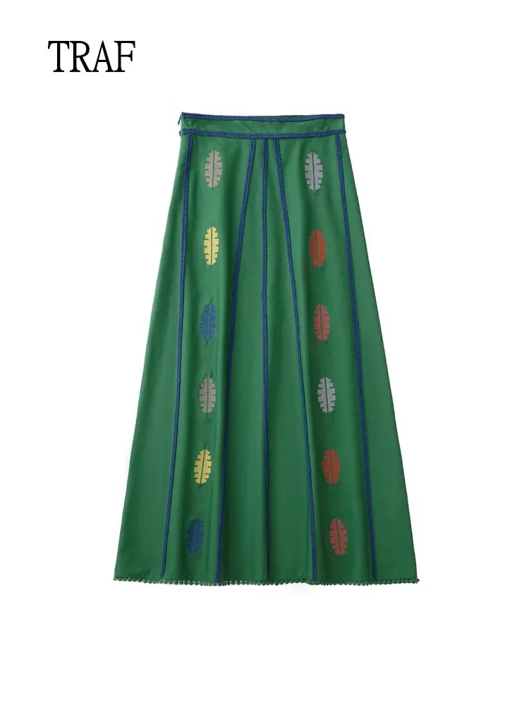 

TRAF Women Skirt 2022 Vintage Linen Embroidery Midi Summer Skirt Woman High Waist Loose Long Pleated Skirts Vacation
