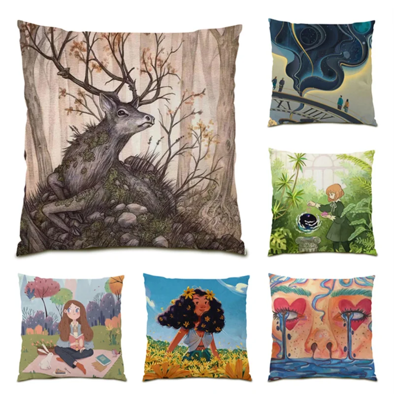 

Cartoon Polyester Linen Cushion Cover 45x45 Square Comfortable Nordic Style Office Chair Pillowcase Decorative Velvet Deer E1196