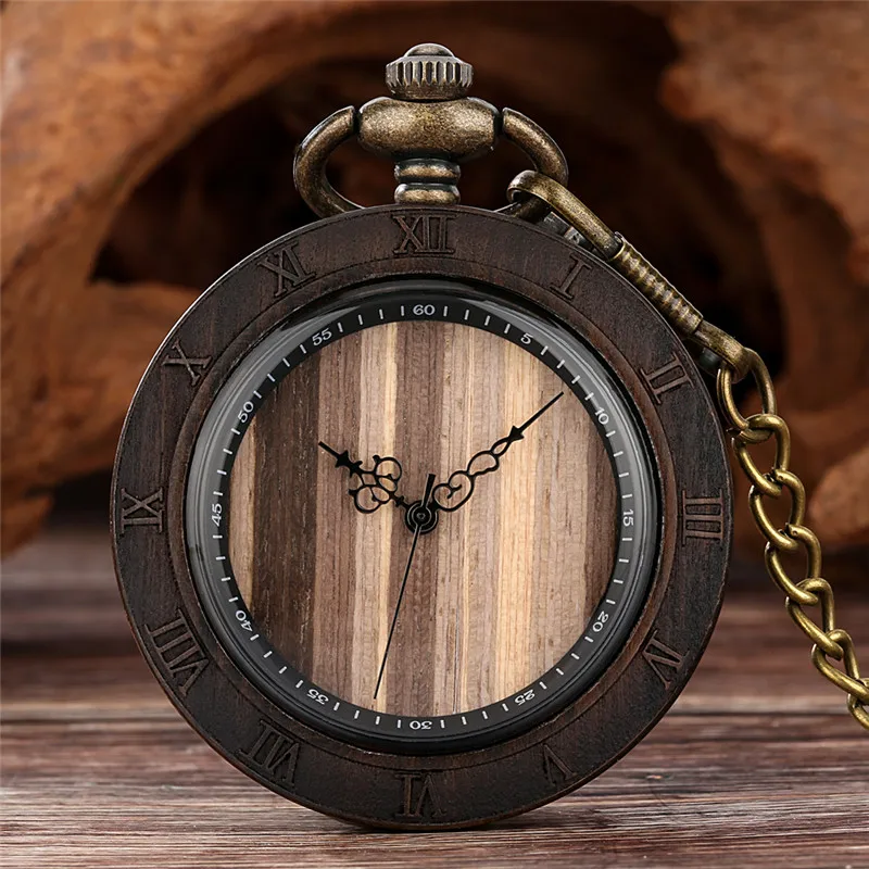 Creative Nature Wood Watch Men Women Retro Quartz Analog Pocket Watch Wooden Bamboo Clock FOB Pendant Chain Collectable Gift