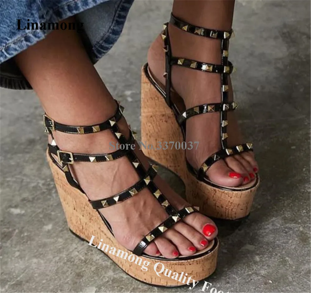 

Linamong Gold Metal Rivets Wooden Wedge Sandals Black Red Spikes T-Straps High Platform Wedges Elegant Party Pumps Big Size