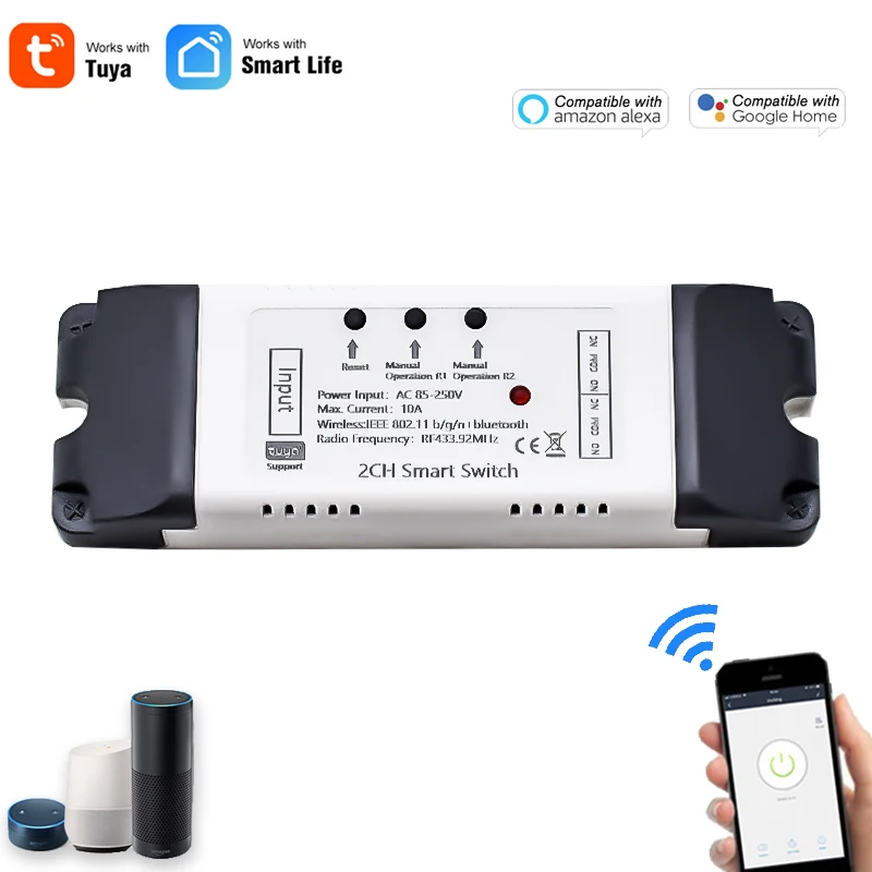 2-канальный Wi-Fi умный домашний контроллер двигателя, AC DC12V 24V 32V 220V RF433 Remote, толчковое импульсное реле для Alexa Google, Tuya Smart Life