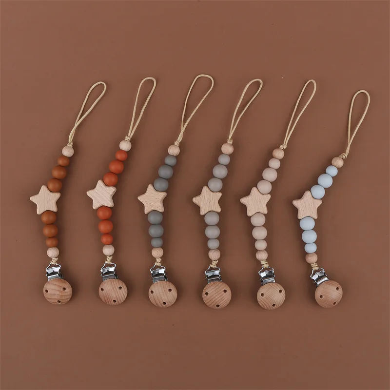 

Baby Pacifier Clips Silicone Beads Wooden Star Teething Chain Dummy Nipples Holder Clips Soother Baby Teether Toy Chew Gift