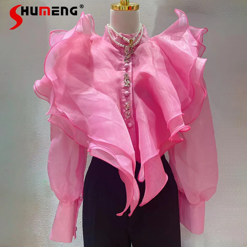 

Autumn Clothing Top for Women Super Fairy Ruffled Organza Shirt Women's See-through Long Puff Sleeve Rhinestone Buttons Blouses