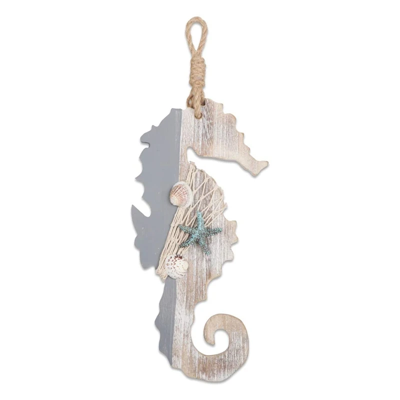 

Wooden Decor Seahorse with Starfish and Shells for Nautical Decoration,Wall Hanging Ornament Beach Theme Home Decoration