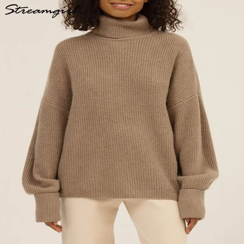 

Зимний Свитер оверсайз с высоким воротником, женский синий теплый Свободный вязаный пуловер, Женский плотный джемпер с высоким воротником, ...