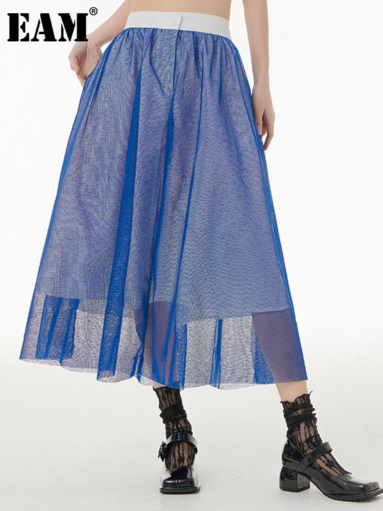 

[EAM] высокая эластичная талия синяя сетчатая двухслойная винтажная повседневная юбка средней длины Женская мода Новинка весна осень 2022 1DF0498