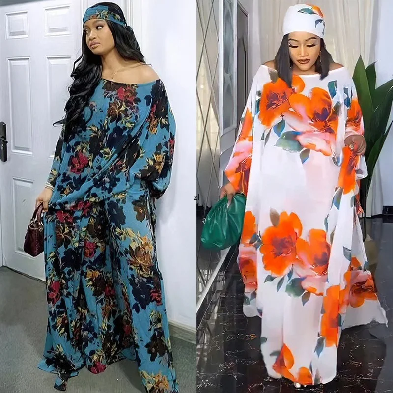 

African Dresses for Women Summer African Women Kaftan Pants Set Abaya African Fashion Dress African Clothes Women with Headtie