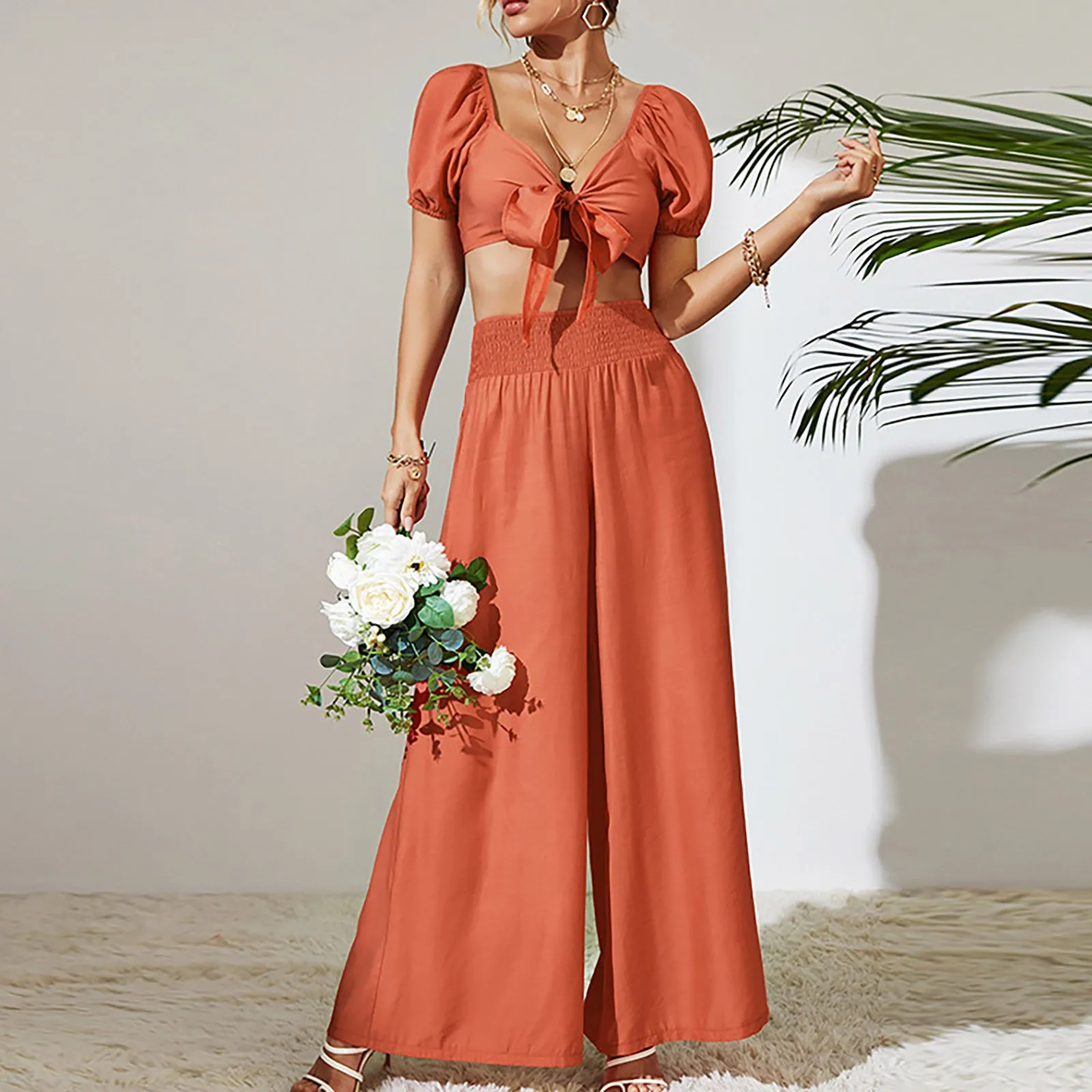 

Комплект из двух предметов, женский эластичный укороченный топ с коротким рукавом и завязкой + женский модный сексуальный элегантный брючный костюм с высокой талией