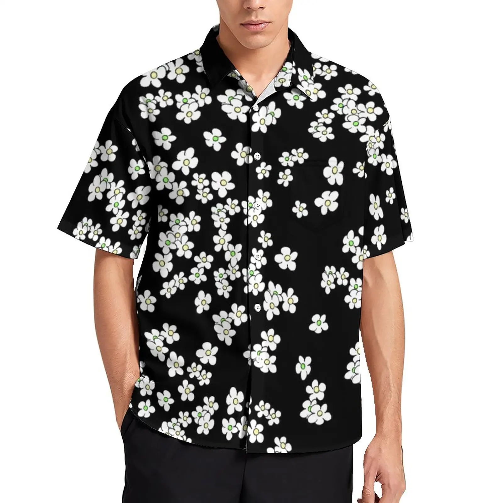 

Aussie Black And White Daisies Loose Shirt Vacation Floral Print Casual Shirts Hawaiian Short Sleeves Aesthetic Oversize Blouses