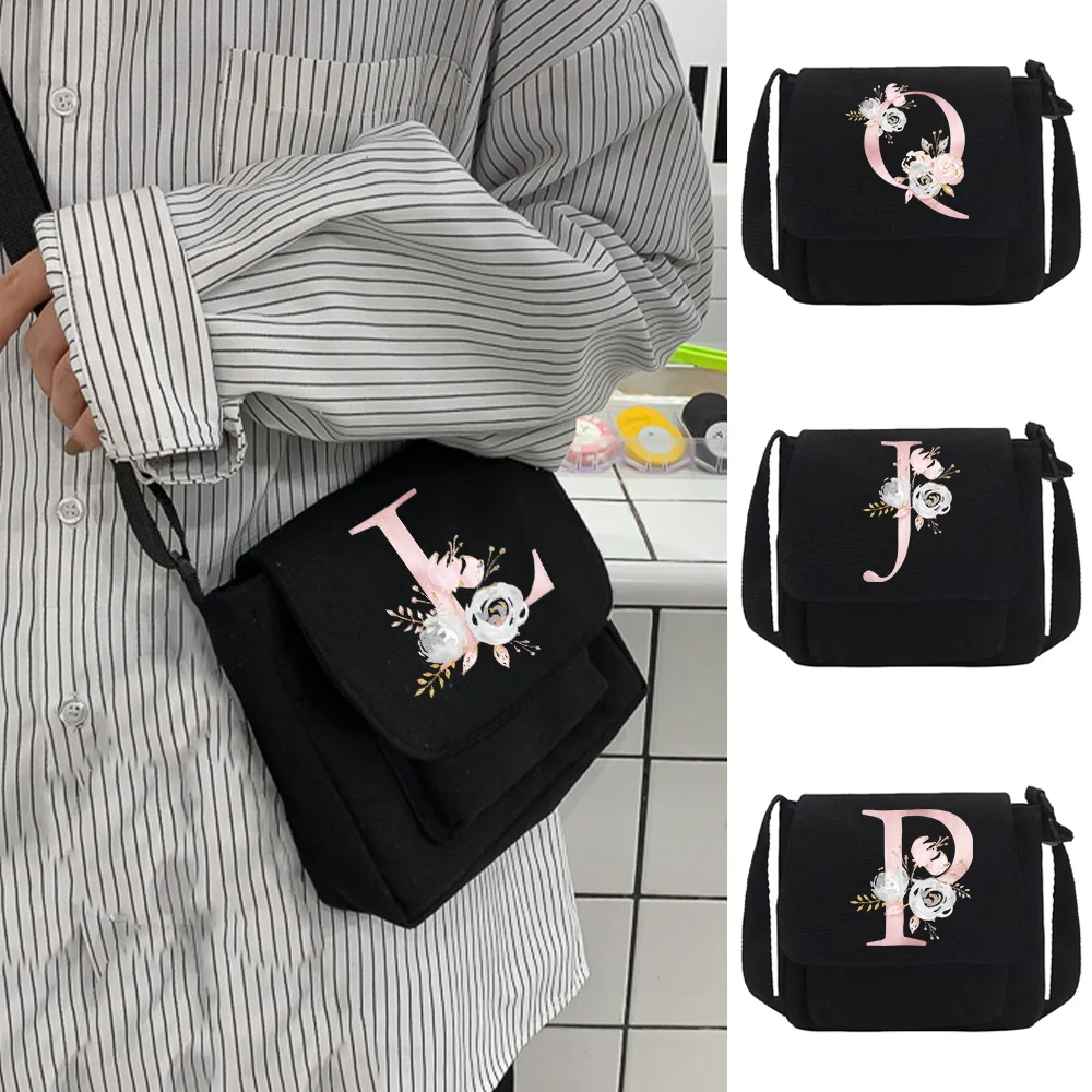 

Shoulder Messenger Bag Simple Men Canvas Crossbody Case Women Casual All-match Postman Bags Pink Flower Print Handbag Organizer