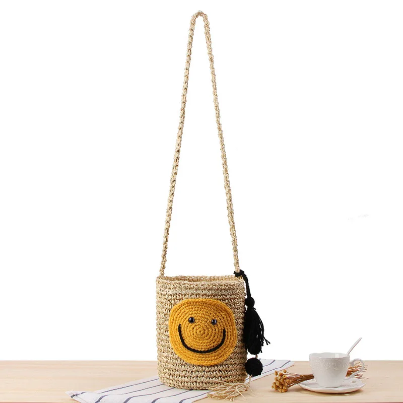 

Модные летние женские Соломенные Сумочки Ручной работы, сумка с ручками на шнурке для женщин, Милая женская сумка со смайликом, со смайликом...