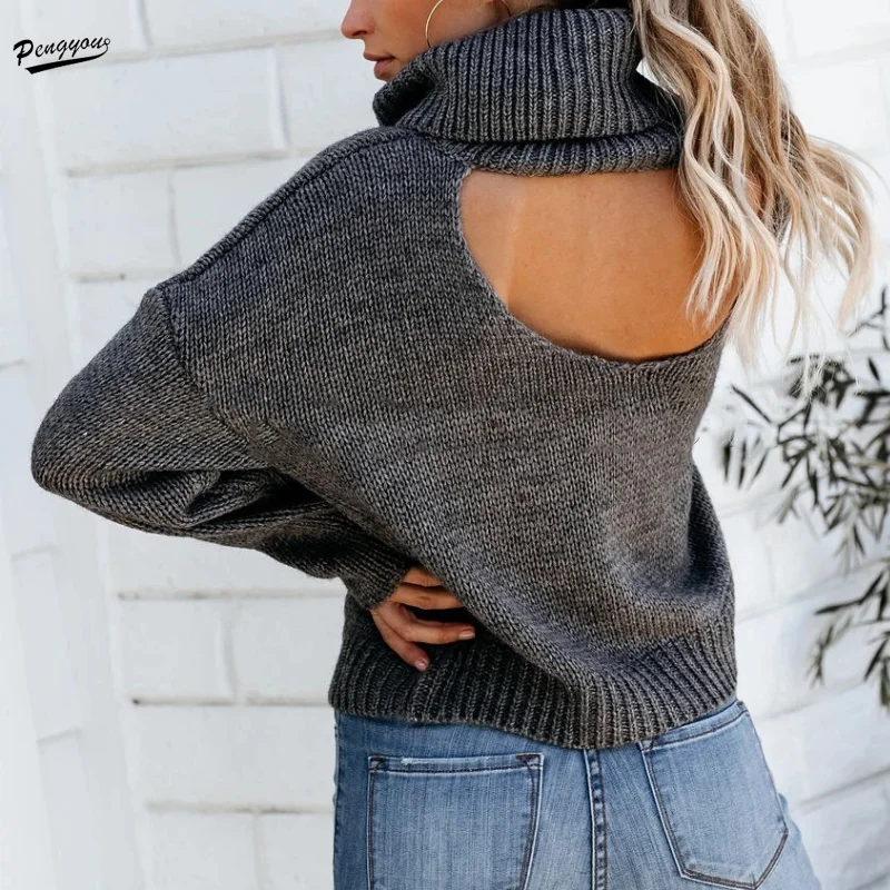 

Loose Fitting Turtleneck Backless Women Sweaters Spring 2022 Pullovers Tops Autumn Knitted Pullovers Orange Sweater Gray Top