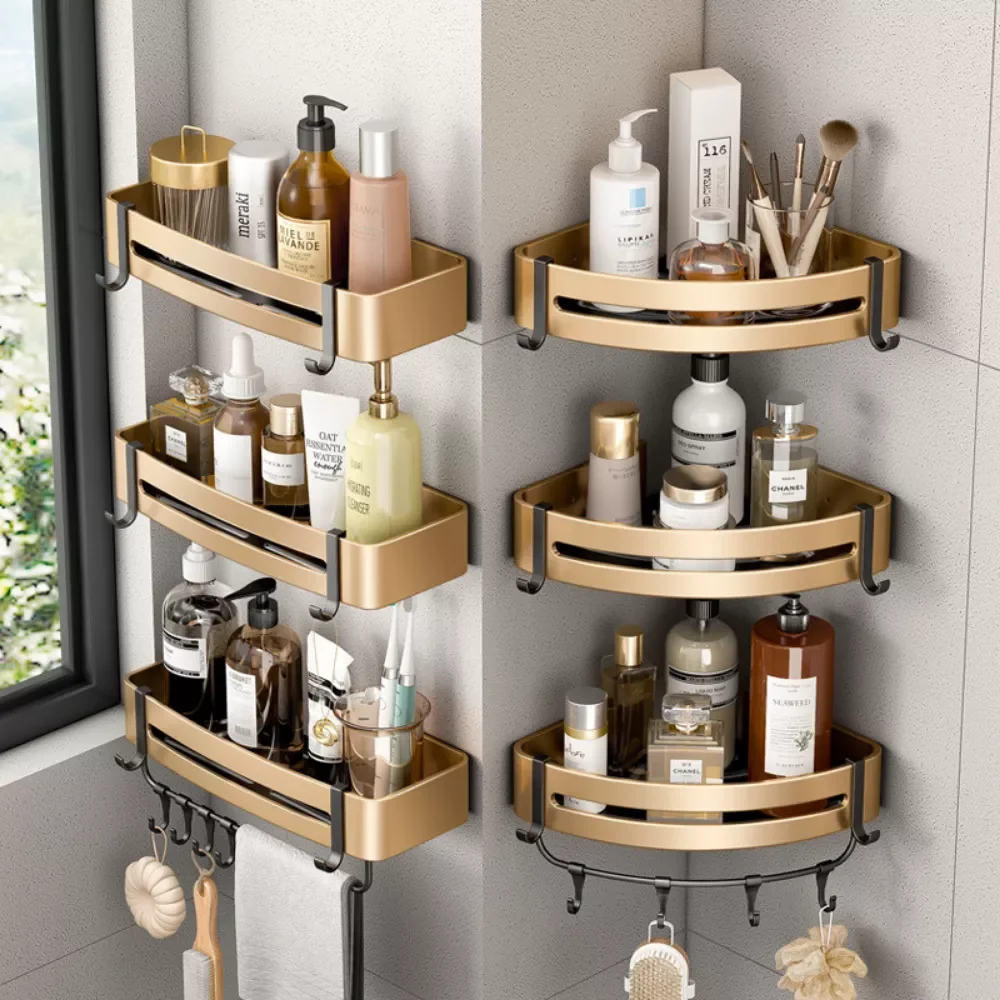 

Bathroom Shelves Set Triangle Corner Shower Storage Holder Wall Shelf Toilet Rack Organizer Bathroom Furniture Sets Gold