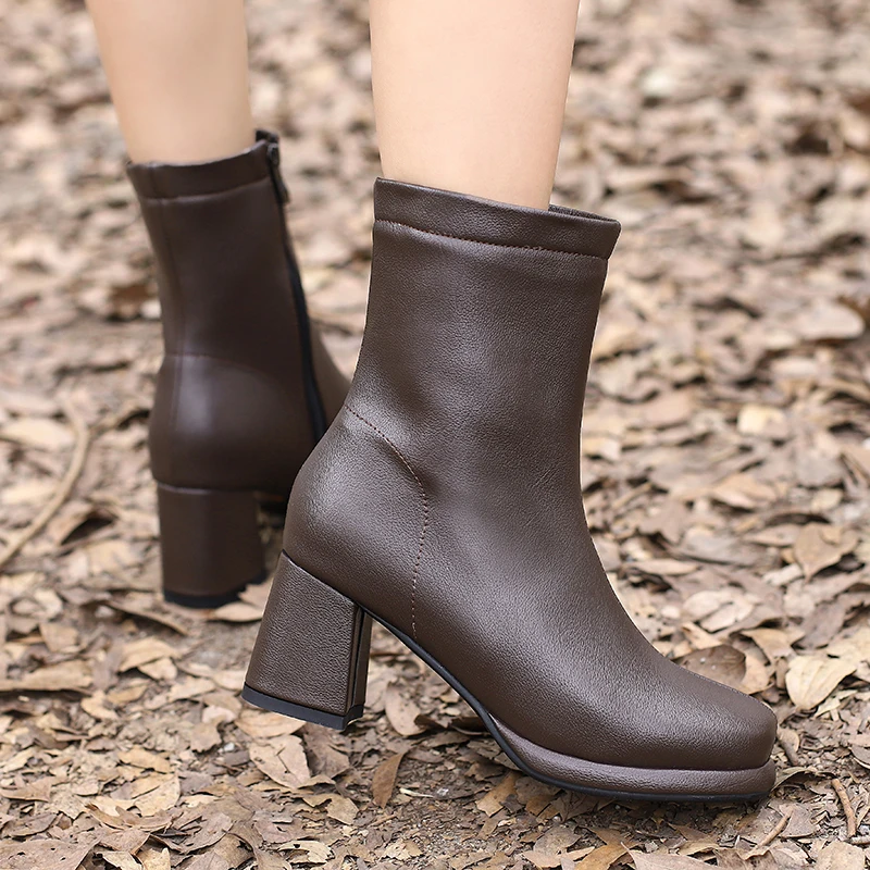 Concise Women Boots Leather 2023 Four Seasons Ankle Booties Chunky High Heels Zipper Platform Shoes