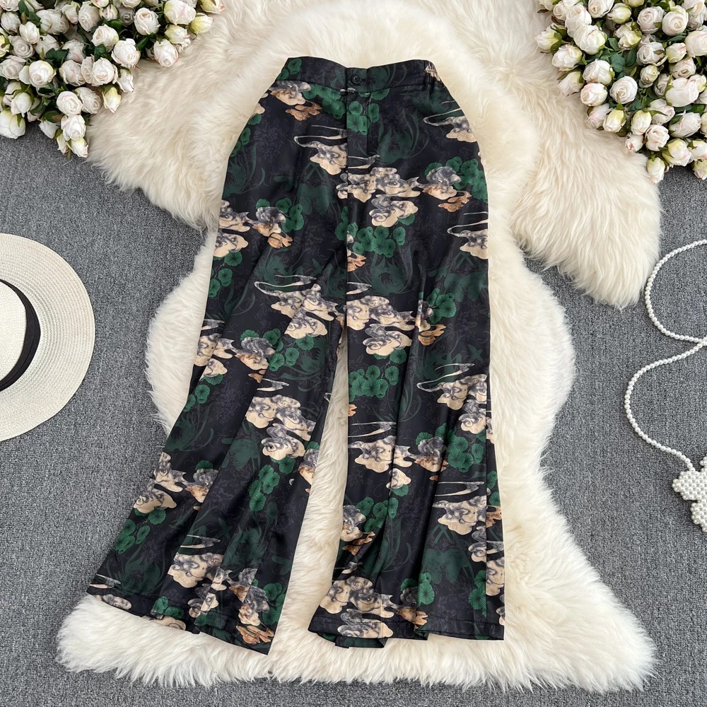 

Boho Broad Leg Trouser Skirt Vacation Nine Minutes Beach Pants Casual Retro Temperament High Waist Show Thin Straight Tube Pants