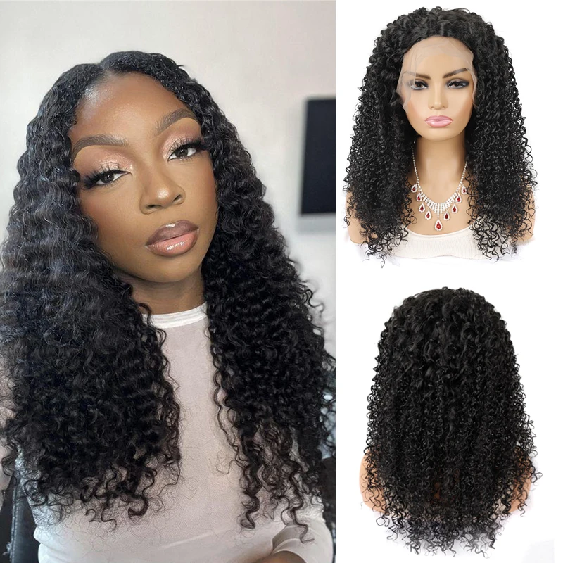 Belle Show Synthetic Afro Kinky Curly Wigs Lace Front Wig 20 Inches Curly Hair Natural Color Black For African Women