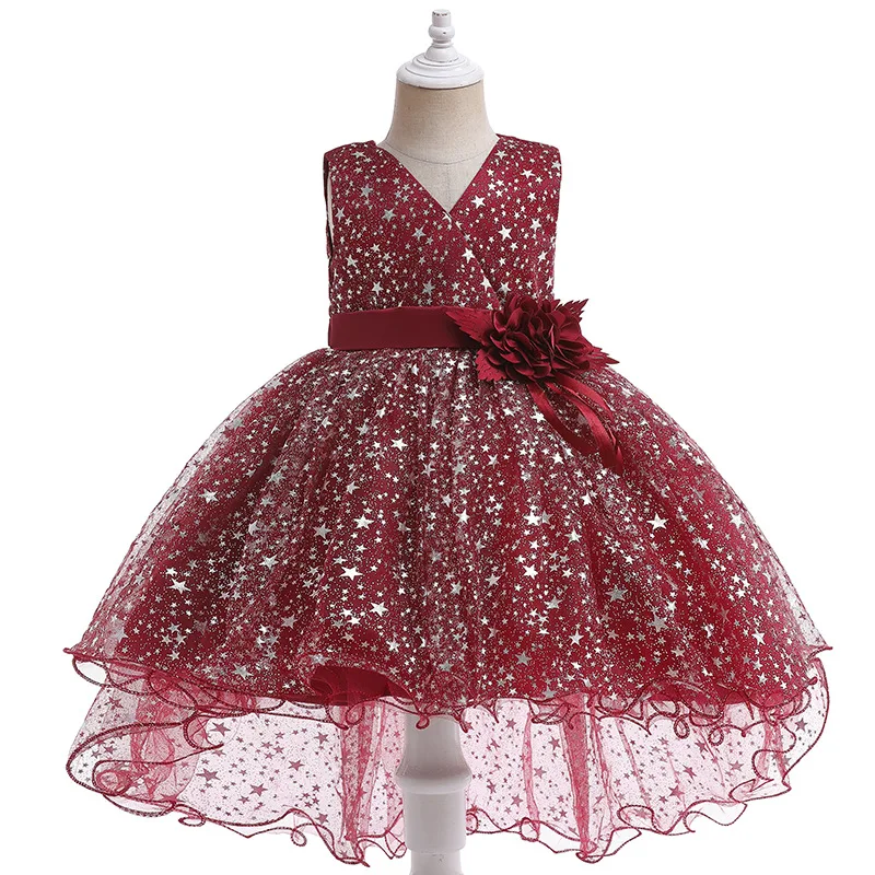 

Christmas Red Star Children's Party Dresses Lace Princess Tailing Dress For Girl Birthday Wedding Kids Halloween Costume 1-6Y