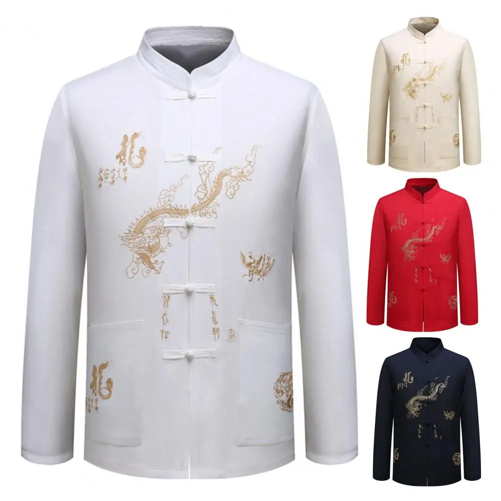 

Excellent Men Shirt Hard-wearing Comfortable Washable Stylish Embroidery Tang Style Men Shirt