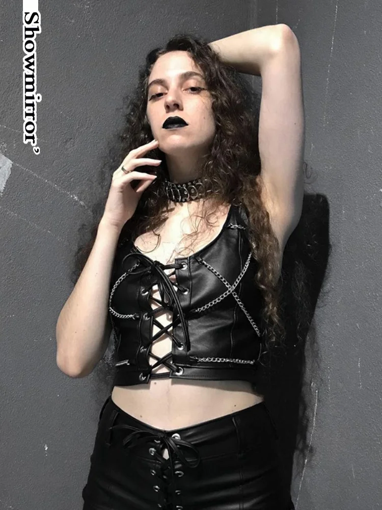 

Showmirror Goth Techwear майка с перекрестными цепочками в стиле панк женский черный бандажный корсет из искусственной кожи с вырезами майка Rave Clubwear